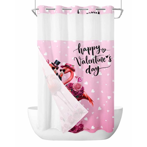 No Hook Cloth Fabric Shower Curtain with Snap in Liner, Valentine's Day Waterproof Shower Curtains Set with See Through Top Window, Flamingos Roses Love Romance Ombre Pink Bath Curtains 36"x72"
