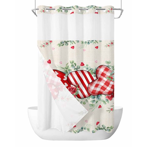 No Hook Cloth Fabric Shower Curtain with Snap in Liner, Valentine's Day Waterproof Shower Curtains Set with See Through Top Window, Red Love Heart Eucalyptus Romance Buralp Bath Curtains 36"x72"