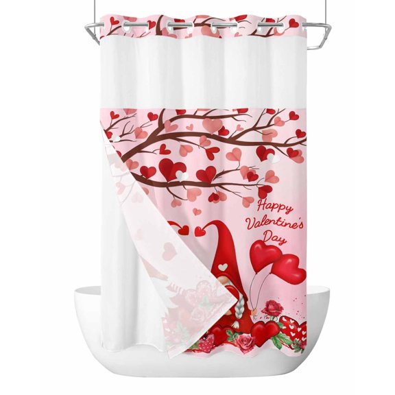 No Hook Cloth Fabric Shower Curtain with Snap in Liner, Valentine's Day Waterproof Shower Curtains Set with See Through Top Window, Red Love Tree Gnomes Roses Pink Romance Bath Curtains 36"x78"
