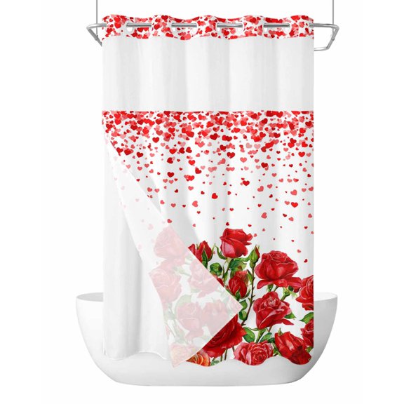 No Hook Cloth Fabric Shower Curtain with Snap in Liner, Valentine's Day Waterproof Shower Curtains Set with See Through Top Window, Red Roses Love Heart Flowers Romance Bath Curtains Shower 36"x72"