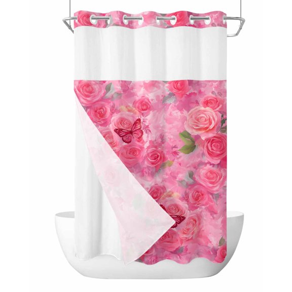 No Hook Cloth Fabric Shower Curtain with Snap in Liner, Valentine's Day Waterproof Shower Curtains Set with See Through Top Window, Watercolor Roses Flowers Butterfly Romance Bath Curtains 36"x78"