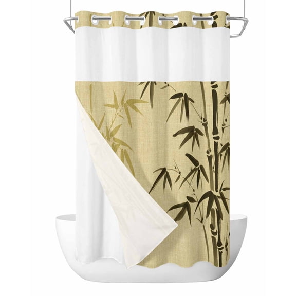 No Hook Cloth Fabric Shower Curtain with Snap in Liner, Vintage Bamboos Waterproof Shower Curtains Set with See Through Top Window, Ink Painting Retro Art Rustic Bath Curtains Shower 36"x72"