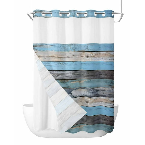 No Hook Cloth Fabric Shower Curtain with Snap in Liner, Vintage Blue Brown Grey Waterproof Shower Curtains Set with See Through Top Window, Retro Farmhouse Wooden Country Bath Curtains Shower 72"x84"