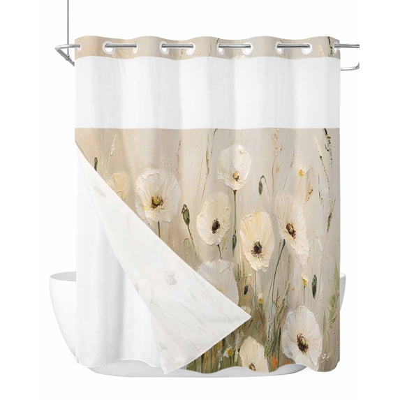 No Hook Cloth Fabric Shower Curtain with Snap in Liner, Vintage Flowers Waterproof Shower Curtains Set with See Through Top Window, Farm Daisies Watercolor Graffiti Art Bath Curtains Shower 72"x78"