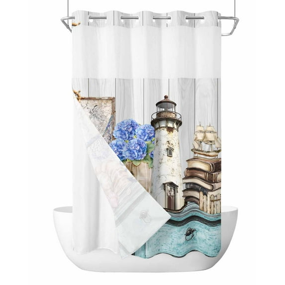 No Hook Cloth Fabric Shower Curtain with Snap in Liner, Vintage Lighthouse Coastal Waterproof Shower Curtains Set with See Through Top Window, Nautical Ocean Sea Retro Art Bath Curtains 54"x78"