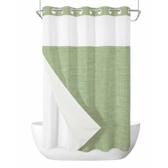 No Hook Cloth Fabric Shower Curtain with Snap in Liner, Vintage Sage Green Waterproof Shower Curtains Set with See Through Top Window, Farmhouse Retro Beige Solid Color Bath Curtains Shower 54"x78"