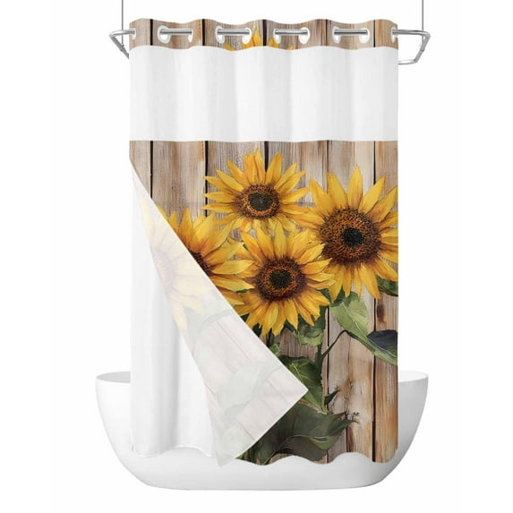 No Hook Cloth Fabric Shower Curtain with Snap in Liner, Vintage Sunflower Waterproof Shower Curtains Set with See Through Top Window, Farmhouse Wooden Botanical Flowers Bath Curtains Shower 54"x78"