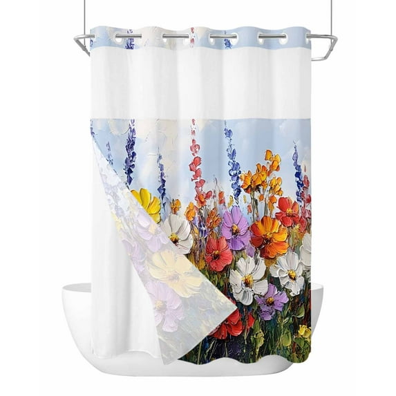 No Hook Cloth Fabric Shower Curtain with Snap in Liner, Vintage Wildflowers Waterproof Shower Curtains Set with See Through Top Window, Rustic Oil Painted Abstract Botanical Bath Curtains 48"x72"