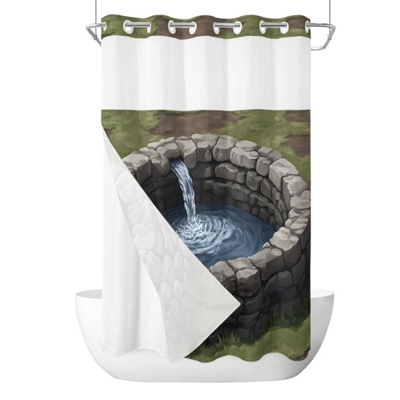 No Hook Cloth Fabric Shower Curtain with Snap in Liner, Water Well Waterproof Shower Curtains Set with See Through Top Window, Stone Basin Spring Farmhouse Stone Craft Bath Curtains Shower 36"x72"