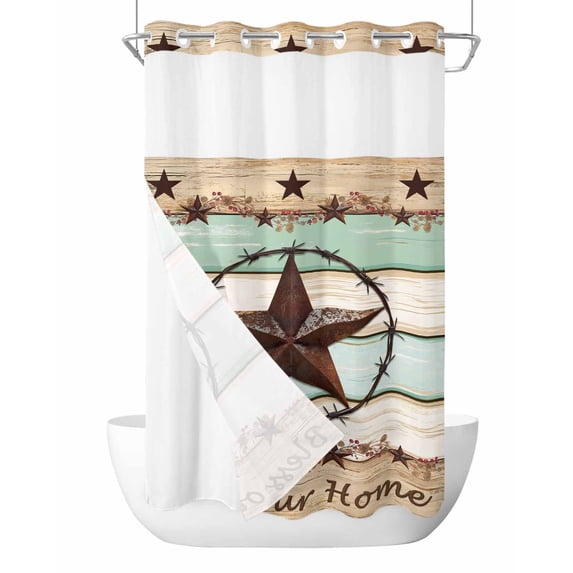 No Hook Cloth Fabric Shower Curtain with Snap in Liner, Western Texas Star Green Waterproof Shower Curtains Set with See Through Top Window, Farmhouse Brown Country Vintage Bath Curtains 54"x78"