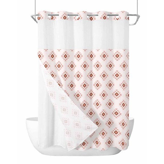 No Hook Cloth Fabric Shower Curtain with Snap in Liner, White Boho Geometric Waterproof Shower Curtains Set with See Through Top Window, Modern Simple Aztec Ethnic Pattern Bath Curtains 48"x72"