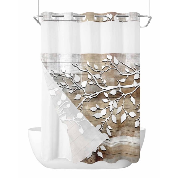 No Hook Cloth Fabric Shower Curtain with Snap in Liner, White Branches Waterproof Shower Curtains Set with See Through Top Window, Brown Beige Wooden Grain Bath Curtains Shower 60"x72"