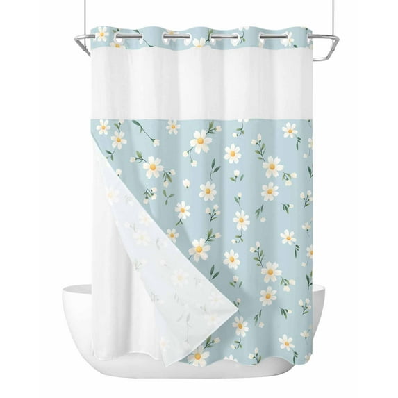 No Hook Cloth Fabric Shower Curtain with Snap in Liner, White Daisy Farmhouse Waterproof Shower Curtains Set with See Through Top Window, Pastoral Botanical Floral Bath Curtains Shower 72"x96"