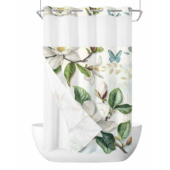 No Hook Cloth Fabric Shower Curtain with Snap in Liner, White Floral Waterproof Shower Curtains Set with See Through Top Window, Botanical Magnolia Flower Leaves Butterfly Bath Curtains 36"x72"