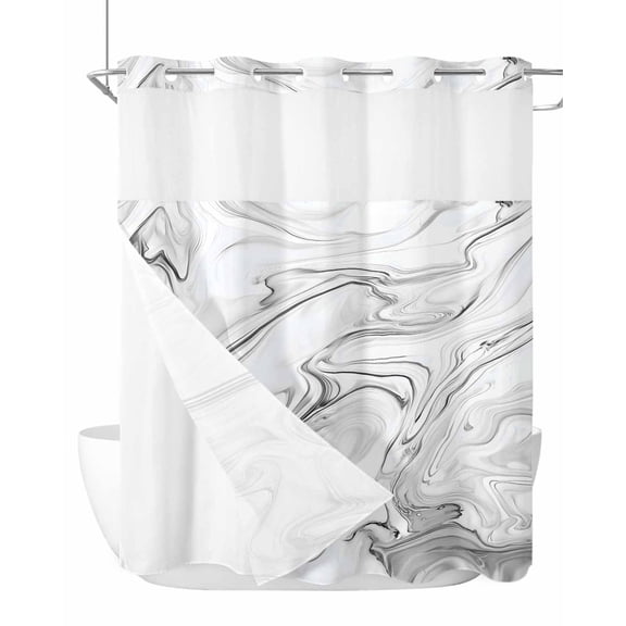 No Hook Cloth Fabric Shower Curtain with Snap in Liner, White Gray Marble Waterproof Shower Curtains Set with See Through Top Window, Modern Minimalist Abstract Texture Bath Curtains Shower 72"x78"