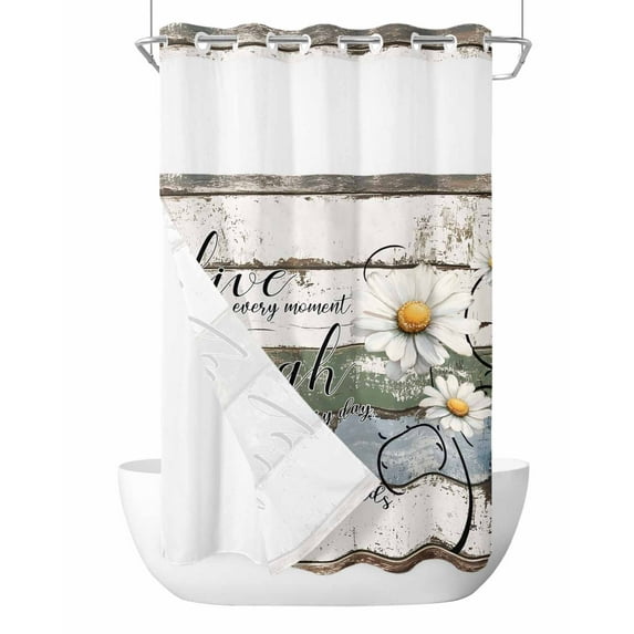 No Hook Cloth Fabric Shower Curtain with Snap in Liner, White Green Blue Waterproof Shower Curtains Set with See Through Top Window, Vintage Wooden Rustic White Daisy Floral Bath Curtains 54"x78"