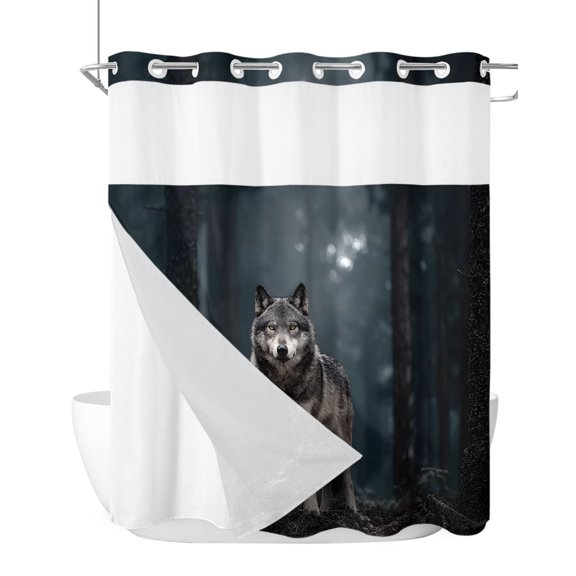 No Hook Cloth Fabric Shower Curtain with Snap in Liner, Wolf Waterproof Shower Curtains Set with See Through Top Window, Mystery Animal Dark Forest Bath Curtains Shower 66"x72"