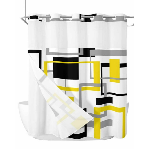 No Hook Cloth Fabric Shower Curtain with Snap in Liner, Yellow Black Geometric Waterproof Shower Curtains Set with See Through Top Window, Modern Simple Abstract Art Bath Curtains Shower 66"x72"