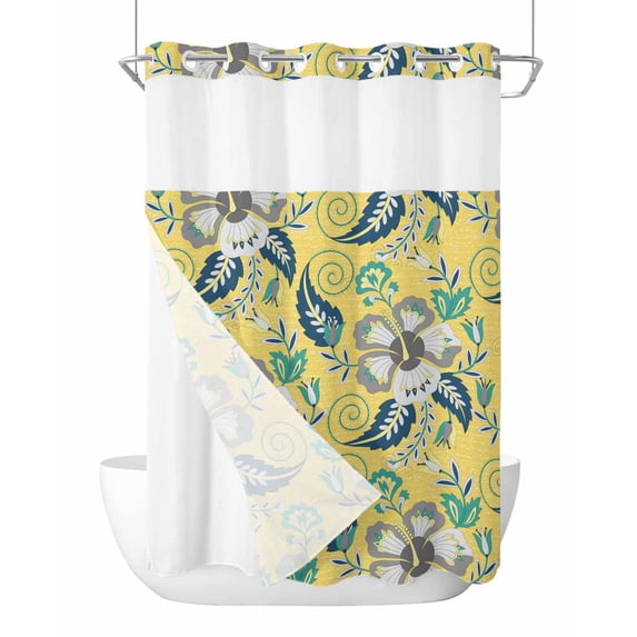 No Hook Cloth Fabric Shower Curtain with Snap in Liner, Yellow Cashew Flower Waterproof Shower Curtains Set with See Through Top Window, Retro Ethnic Abstract Country Bath Curtains Shower 60"x72"