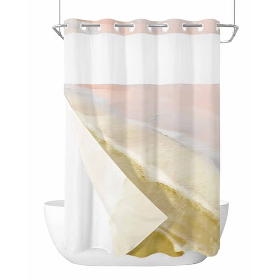 No Hook Cloth Fabric Shower Curtain with Snap in Liner, Yellow Coastal Wave Waterproof Shower Curtains Set with See Through Top Window, Summer Modern Ocean Beach Bath Curtains Shower 72"x84"