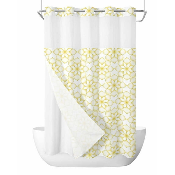 No Hook Cloth Fabric Shower Curtain with Snap in Liner, Yellow Flower Waterproof Shower Curtains Set with See Through Top Window, Retro Tribal Art Abstract Monochrome Texture Bath Curtains 54"x78"