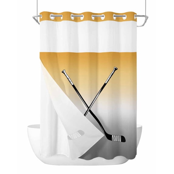 No Hook Cloth Fabric Shower Curtain with Snap in Liner, Yellow Gray Ombre Waterproof Shower Curtains Set with See Through Top Window, Black Hockey Sticks Minimalist Style Bath Curtains Shower 60"x72"