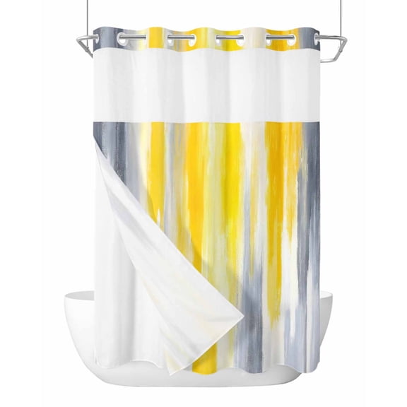 No Hook Cloth Fabric Shower Curtain with Snap in Liner, Yellow Gray White Waterproof Shower Curtains Set with See Through Top Window, Farmhouse Gradient Abstract Art Bath Curtains Shower 72"x96"