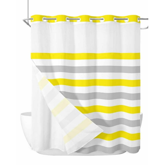 No Hook Cloth Fabric Shower Curtain with Snap in Liner, Yellow Grey Waterproof Shower Curtains Set with See Through Top Window, Farmhouse Watercolor Modern Geometric Bath Curtains Shower 66"x72"