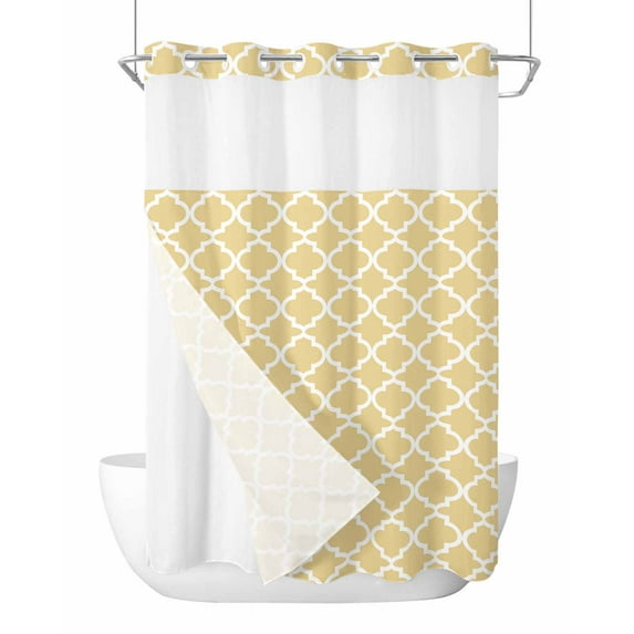 No Hook Cloth Fabric Shower Curtain with Snap in Liner, Yellow Moroccon Waterproof Shower Curtains Set with See Through Top Window, Farmhouse Minimalist Ethnic Geometric Bath Curtains Shower 72"x84"