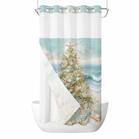 No Hook Coastal Beach Shower Curtain with Snap in Liner Set, Summer Ocean Wave Starfish Coral Trees Waterproof Fabric Bathroom Curtains with See Through Top Window, Hotel Style Small 36 x 78 Inch