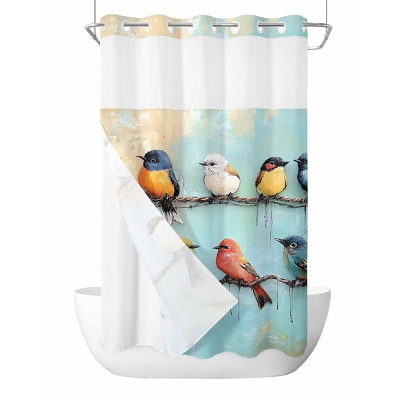 No Hook Colorful Oil Painting Shower Curtain with Snap in Liner Set, Vintage Spring Birds Animals Waterproof Fabric Bathroom Curtains with See Through Top Window, Hotel Style Small 36 x 72 Inch