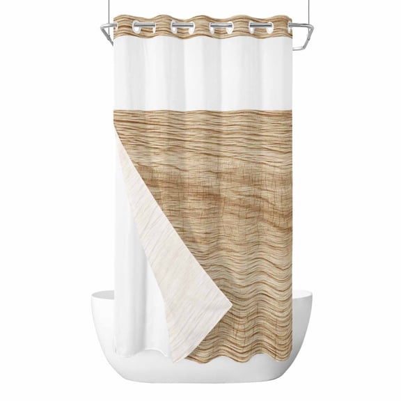 No Hook Country Farmhouse Shower Curtain with Snap in Liner Set, Vintage Brown Wooden Grain Waterproof Fabric Bathroom Curtains with See Through Top Window, Hotel Style Stall 54 x 78 Inch