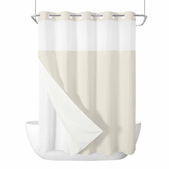 No Hook Cream Solid Color Shower Curtain with Snap in Liner Set, Aesthetics Contemporary Luxury Waterproof Fabric Bathroom Curtains with See Through Top Window, Hotel Style Extra Long 72 x 96 Inch