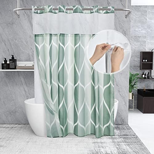 No Hook Dark Green Double Shower Curtain with Snap in Fabric Liner Set - Hotel Style with See Through Mesh Top Window, Modern Geometric Waterdrop Design,Waterproof and Washable, 71x74 INCH