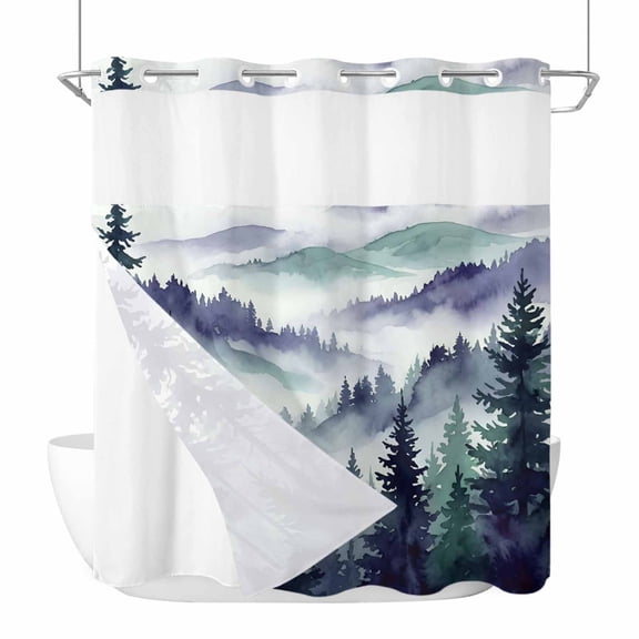 No Hook Dark Purple Forest Shower Curtain with Snap in Liner Set, Watercolor Clouds Trees Mountain Waterproof Fabric Bathroom Curtains with See Through Top Window, Hotel Style Standard 72 x 72 Inch