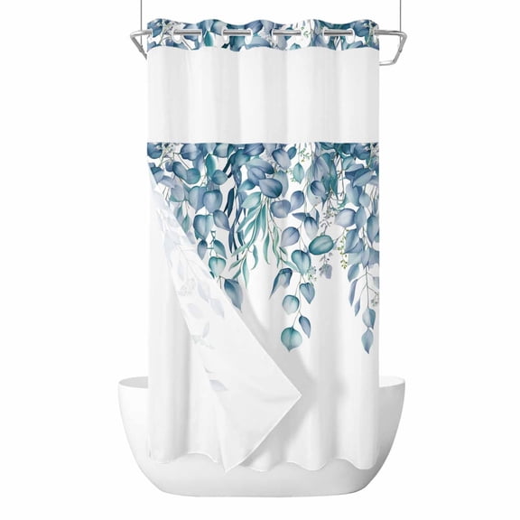 No Hook Eucalyptus Leaves Shower Curtain with Snap in Liner Set, Light Blue Summer Botanical Weeping Waterproof Fabric Bathroom Curtains with See Through Top Window, Hotel Style Small 36 x 78 Inch