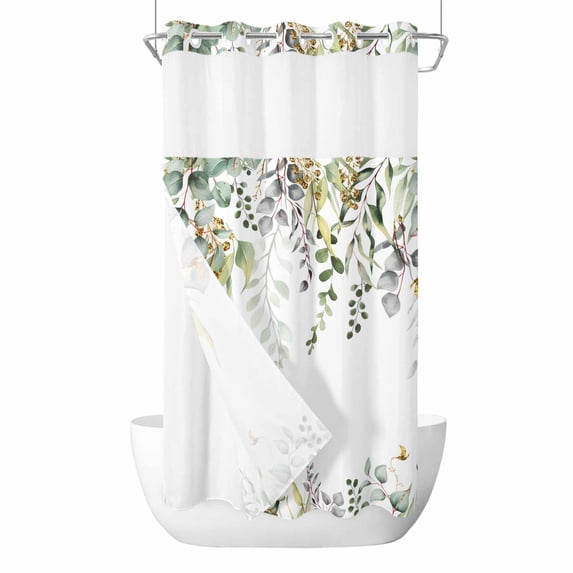 No Hook Eucalyptus Shower Curtain with Snap in Liner Set, Sage Green Botanical Weeping Leaf Waterproof Fabric Bathroom Curtains with See Through Top Window, Hotel Style Stall 54 x 78 Inch