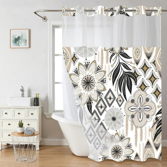 No Hook Farmhouse Floral Shower Curtain, Boho Abstract Colorful Leaves Shower Curtain with Snap Liner, Waterproof Curtain with Mesh Top Window Rustic Vintage Decor for Bathroom 71" X 74"