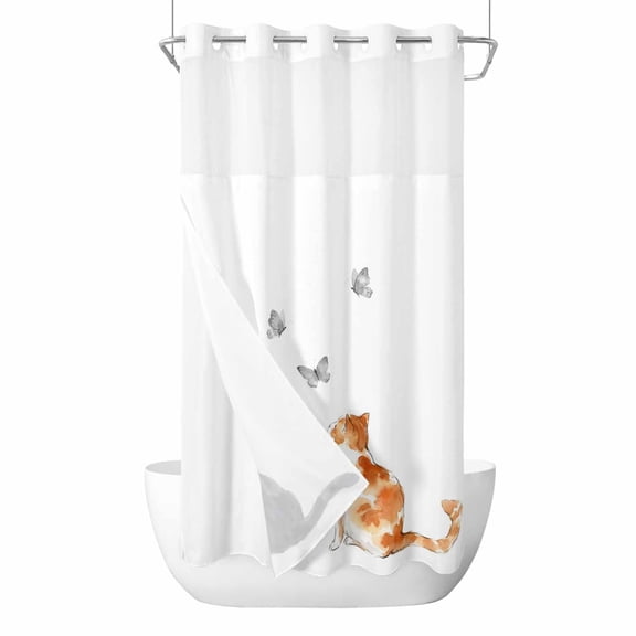No Hook Funny Cat Shower Curtain with Snap in Liner Set, Simple Orange Black Cats Grey Butterfly Waterproof Fabric Bathroom Curtains with See Through Top Window, Hotel Style Small 36 x 72 Inch