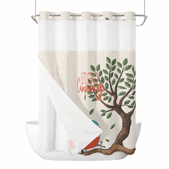 No Hook Let's Go Camping Shower Curtain with Snap in Liner Set, Modern Camper Van Trees Burlap Rustic Waterproof Fabric Bathroom Curtains with See Through Top Window, Hotel Style Long 72 x 84 Inch