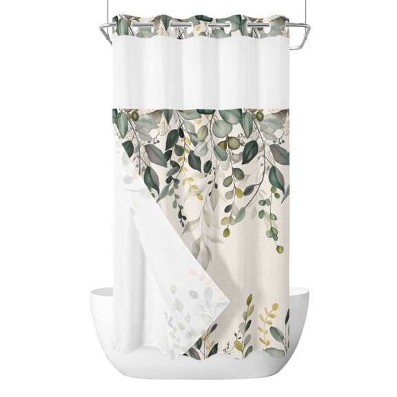 No Hook Green Eucalyptus Shower Curtain with Snap in Liner Set, Farmhouse Weeping Leaves on Linen Waterproof Fabric Bathroom Curtains with See Through Top Window, Hotel Style Small 36 x 78 Inch