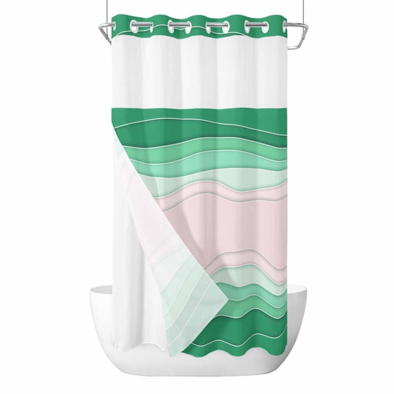 No Hook Green Stripes Shower Curtain with Snap in Liner Set, Light Pink Ombre Simple Abstract Lines Waterproof Fabric Bathroom Curtains with See Through Top Window, Hotel Style Small 36 x 72 Inch