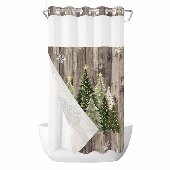 No Hook Green Xmas Trees Shower Curtain with Snap in Liner Set, Christmas Snowflake Rustic Wood Brown Waterproof Fabric Bathroom Curtains with See Through Top Window, Hotel Style Small 36 x 72 Inch