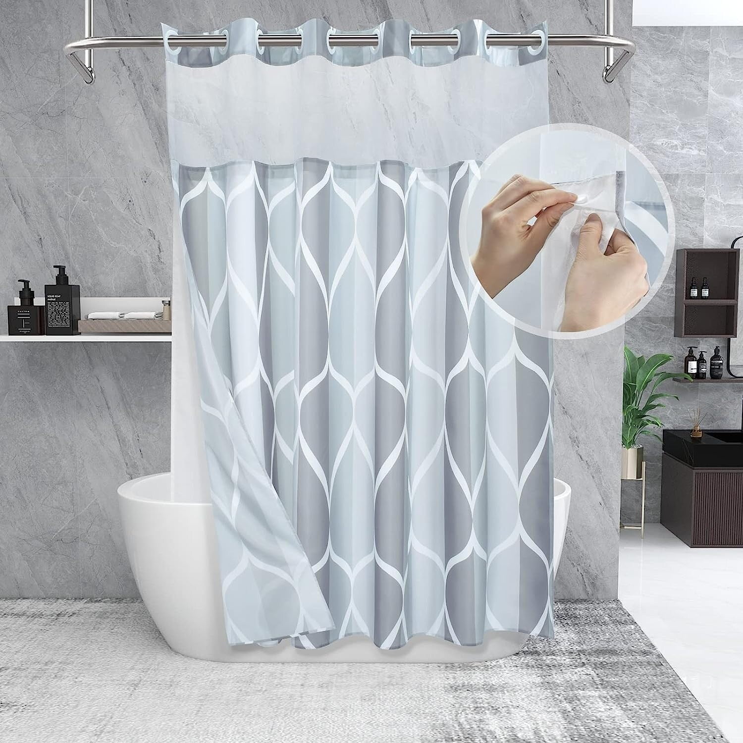 Gray and White Polyester Shower Curtain with Snap-in Liner