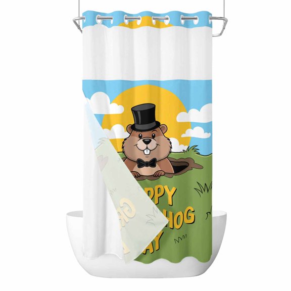 No Hook Happy Groundhog Day Shower Curtain with Snap in Liner Set, Cartoon Ground Hog Grass Sun Sky Blue Waterproof Bathroom Curtains with See Through Top Window, Hotel Style Small 36 x 78 Inch
