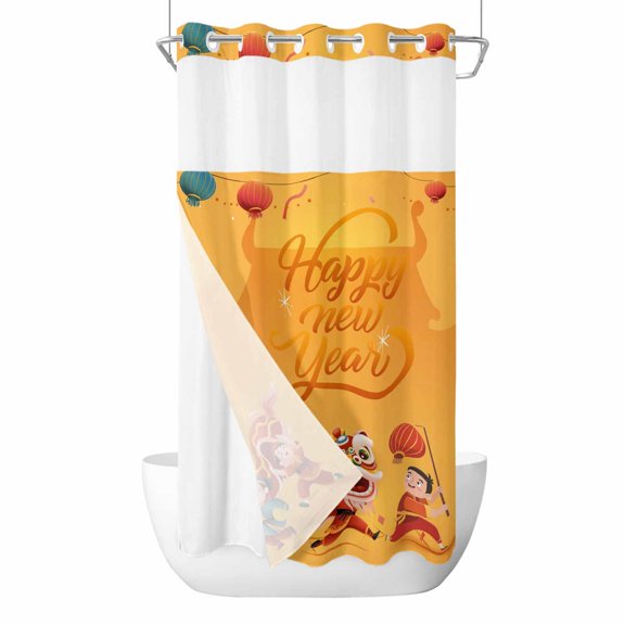 No Hook Happy New Year Shower Curtain with Snap in Liner Set, Spring Festival Red Yellow Dragon Dance Waterproof Fabric Bathroom Curtains with See Through Top Window, Hotel Style Small 36 x 78 Inch