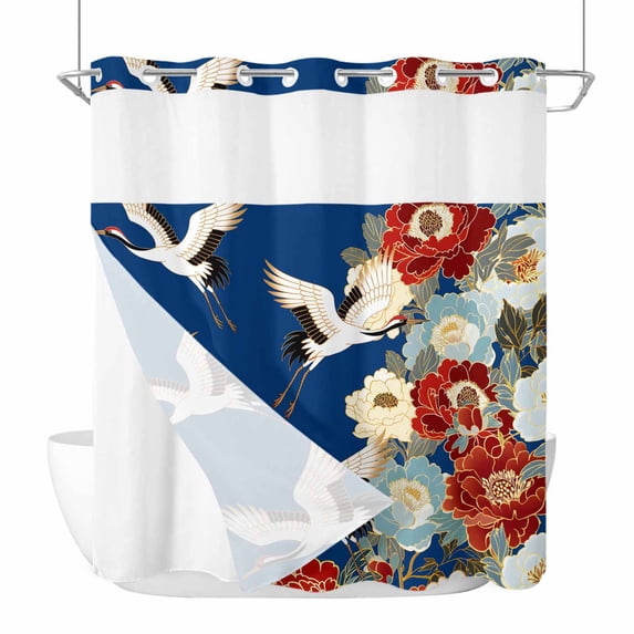 No Hook Japanese Style Shower Curtain with Snap in Liner Set, Blue Rustic Botanical Blossom Peony Birds Waterproof Bathroom Curtains with See Through Top Window, Hotel Style Standard 72 x 72 Inch