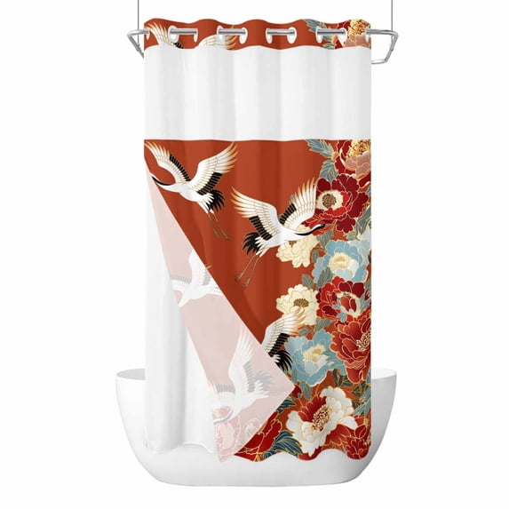 No Hook Japanese Style Shower Curtain with Snap in Liner Set, Red Farmhouse Botanical Peony Birds Waterproof Fabric Bathroom Curtains with See Through Top Window, Hotel Style Small 36 x 78 Inch