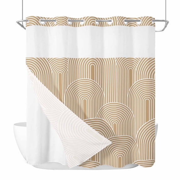 No Hook Khaki Boho Shower Curtain with Snap in Liner Set, Middle Century Modern Abstract Art Waterproof Fabric Bathroom Curtains with See Through Top Window, Hotel Style Modern 66 x 72 Inch