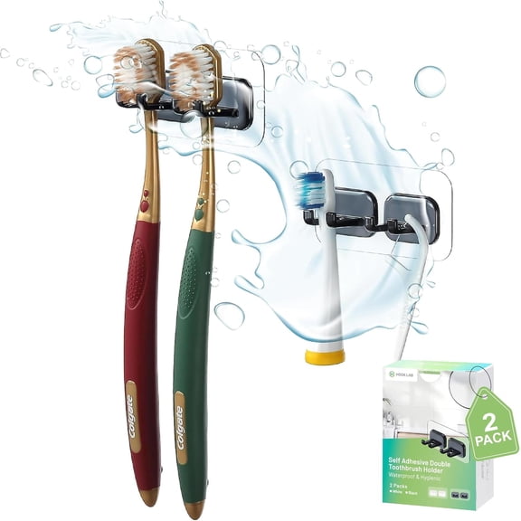 Hook LAB Self-Adhesive Double Toothbrush Holder, 2-Pack, Removable & Reusable Wall-Mounted Storage Organizer, for Bathroom & Kitchen Accessories - Black
